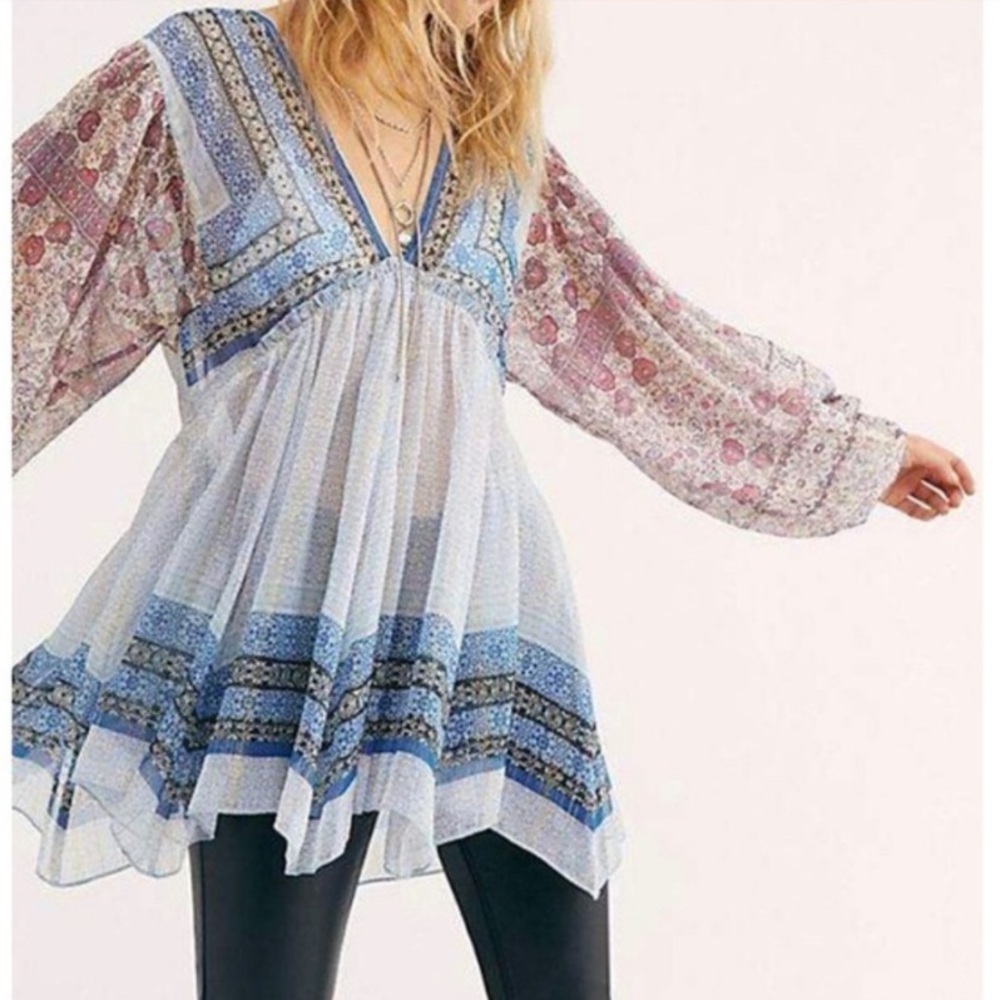 Free People Aliyah Printed Tunic V-Neck Blouse Sz XS